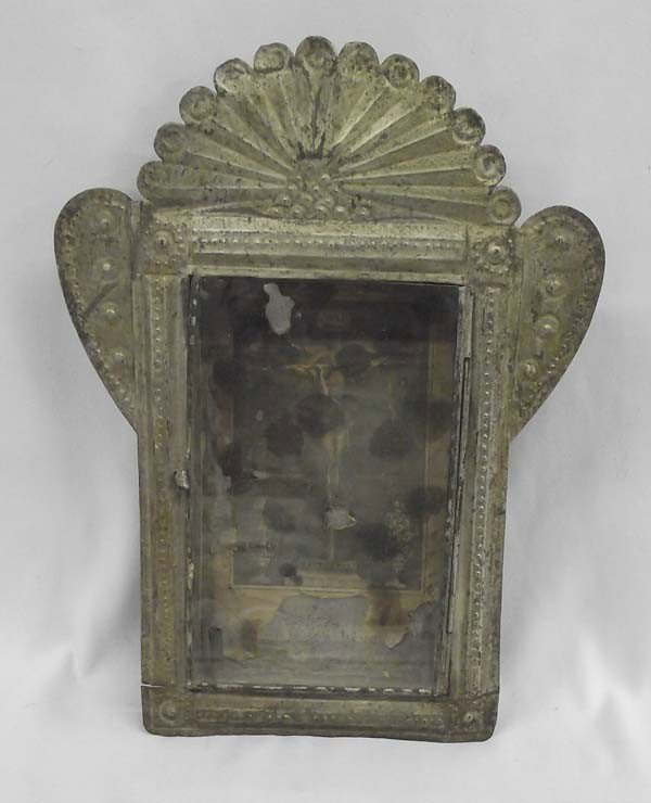 Vintage Mexican Tin Nicho: Vintage Mexican Tin Nicho, has glass door, inside contains old paper picture of Christ upon the cross, measures approx. 14'' x 10.75''. Buyers Pay Actual Shipping and Handling Charges(see terms and co