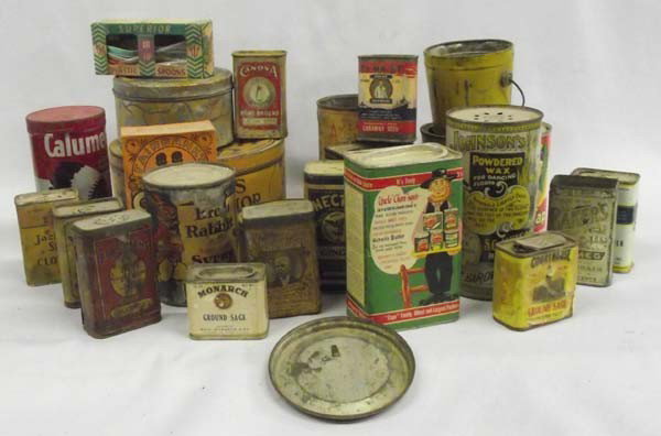 Antique Advertising Tins: Vintage Tins, Spoons, Gold Dust Washing Soap Box. Spices, waxes and food cans with original labels. Some still have spices inside. Largest is 7.25'' diameter, 3'' Tall. Buyers Pay Actual Shipping and 