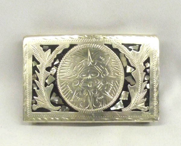 Mexican Alpaca Silver Belt Buckle: Mexican Alpaca Silver Belt Buckle. Abalone inlay, stamped on the back. Measures approx. 2''H x 3.5''L. Buyers Pay Actual Shipping and Handling Charges(see terms and conditions for more information).
