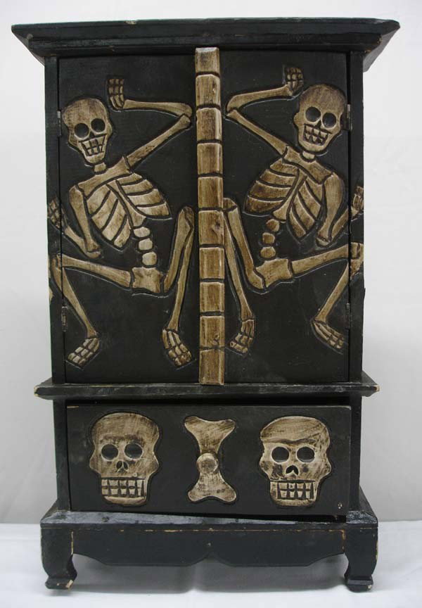 Mexican Wooden Cabinet,Day of the Dead Theme.: Mexican Wooden Cabinet, Day of the Dead Theme.23'' H x 14'' L x 7'' deep. One pull out drawer. Two inside shelves. A crack on the back side. Black and antiqued finish on skeletons. Buyers Pay Actual S