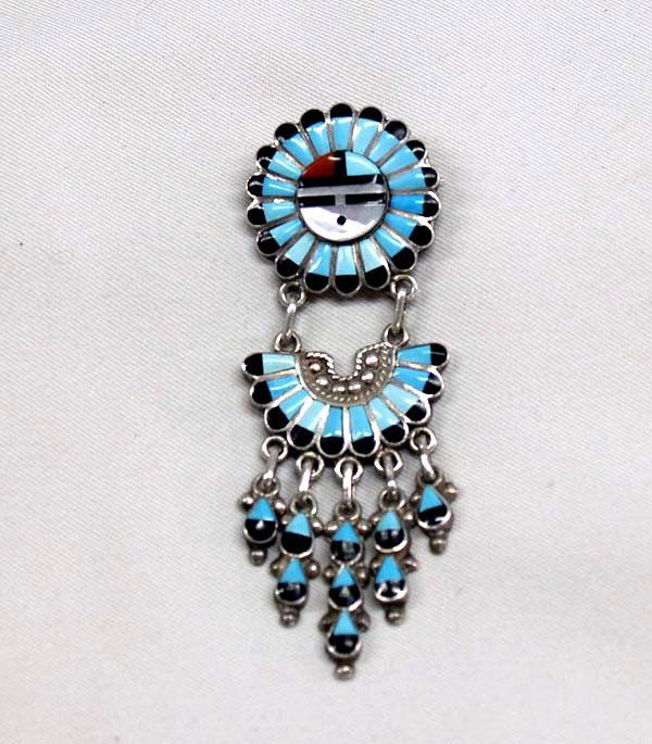 Native American Zuni Sterling Sunface Pin/Pendant: Native American Zuni Sterling Inlay Sunface Pin/Pendant by FJ, turquoise, jet, MOP, & coral inlay. Measures approx. 3.25''L x 1.25''W. Buyers Pay Actual Shipping and Handling Charges(see terms and con