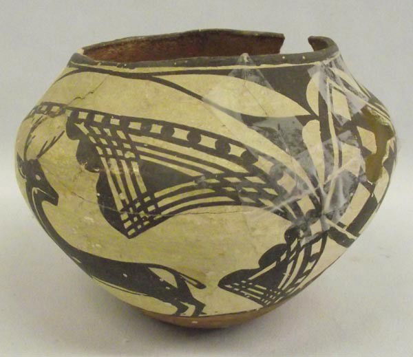 Vintage Native American Polychrome Zia Bowl: Vintage Native American Polychrome Zia Bowl, deer and geometric motif, has been glued and is missing 3 pieces, measures approx. 4'' x 5.25''. Buyers Pay Actual Shipping and Handling Charges(see terms