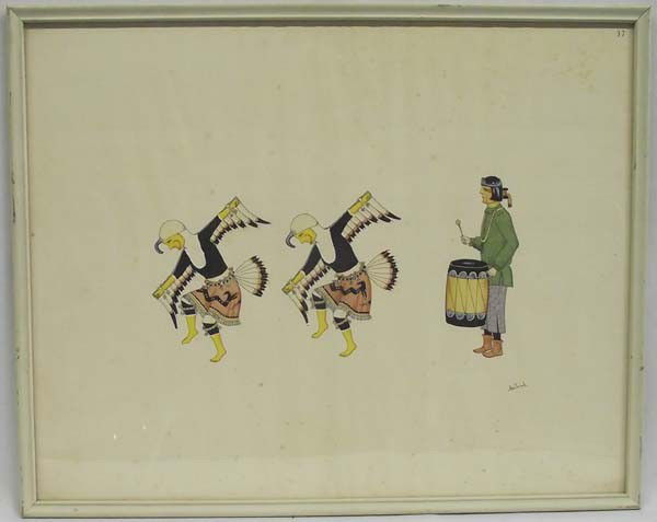 1930's Native American Print by Awa Tsireh: 1930's Native American San Ildefonso Print by Awa Tsireh, framed and under glass, done in Europe, measures approx.14.75'' x 19.25'', Alfonso Roybal, who signed his paintings Awa Tsireh, gained widespr