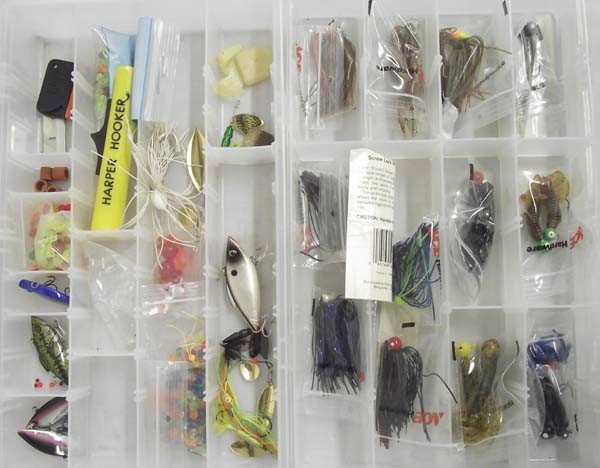 Fishing Lures Plus: Collection of Fishing Lures Plus. Mepps, thunder bug lures, plus beads, etc. largest lure measures approx. 3''. In 2 plastic boxes. Buyers Pay Actual Shipping and Handling Charges(see terms and condit
