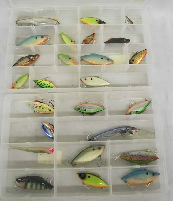 Fishing Lures: Collection of Fishing Lures. To include: Super Spot, Jimmy Hamton. Largest lure measures approx. 5'' long. In plastic boxes. Buyers Pay Actual Shipping and Handling Charges(see terms and conditions fo