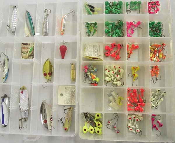 Fishing Lures & Jigs: Collection of Fishing Lures & Jigs. To include:Heddon Sonar Flash, Hopkins Shorty, Cicada, Dart, Krocodile, by Luhr Jensen, Hood River, ORE. Red Eye Wiggler. To name a few. Plus a large lot of Sink'n 