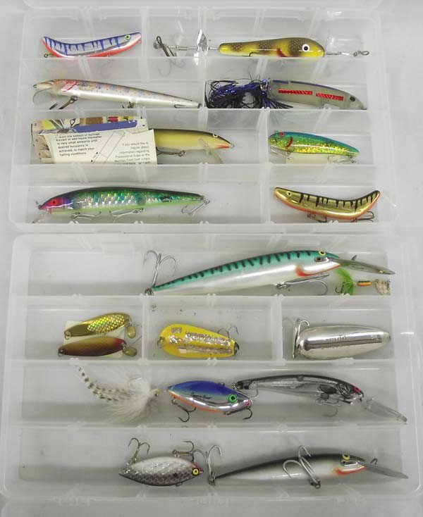 Fishing Lures: Collection of Fishing Lures. Some include: Rapala, Sinking Magnum, Finland. Measures approx. 6 1/2'' long. Green Rapala, Magnum, Finland. Measures approx. 9'' long. Cordell, a 1 oz. Dardevle, Dearborn