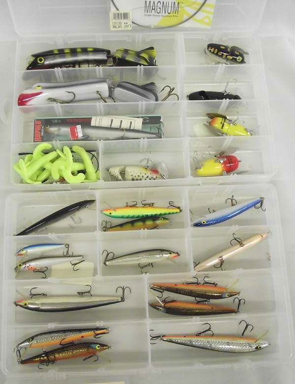 Fishing Lures: Collection of Fishing Lures. To include: Suspending Rogue Smithwick, Rapala Finland, Jitterbug by Fred Arbogast, Akron Ohio, Heddon Crazy Crawler, Burmek. To name a few. In 2 plastic boxes with divide