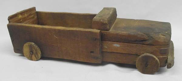 Vintage Americana Folk Art Wooden Truck Toy: Vintage Wooden Truck Toy (60+ years old) made by consignor when he was 10 years old, measures approx. 11.5''L x 3''H x 3.5''W. Buyers Pay Actual Shipping and Handling Charges(see terms and conditions