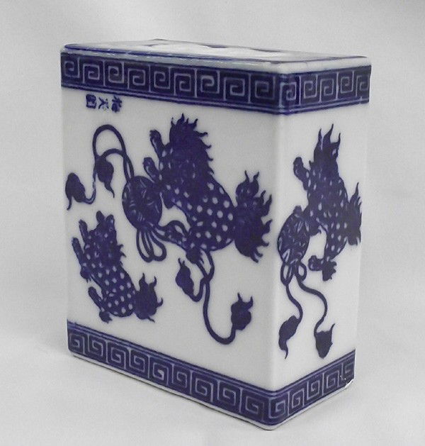 Oriental Ceramic Vase : Oriental Ceramic Piece, blue and white with Chinese/Japanese letters in upper corner, measures approx. 5 3/8''H x 4.75''L x 2 3/8''W. Buyers Pay Actual Shipping and Handling Charges(see terms and cond