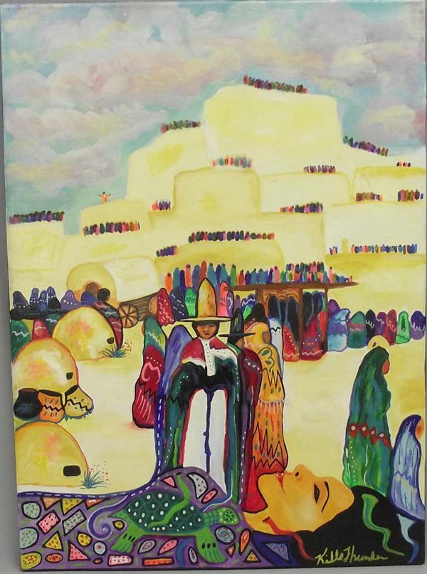Original Acrylic Painting by Kills Thunder: Kills Thunder original Painting Gathering The Turtle Clan at the Taos Pueblo of 1910, celebrating Mother Earth. Measures approx. 24''H x 18''W. Acrylic on canvas. Buyers Pay Actual Shipping and Handli