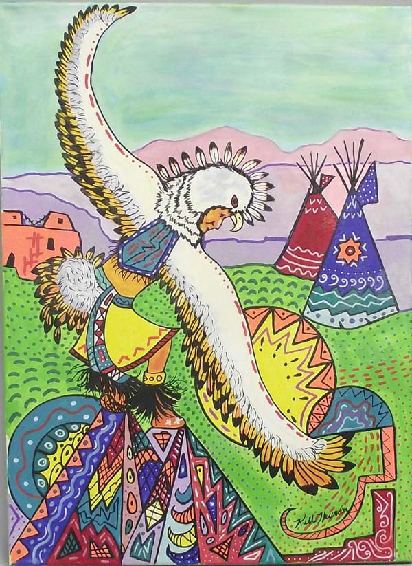 Original Acrylic Painting by Kills Thunder: Kills Thunder Original Painting ''Eagle Dancer''. The Eagle Dancer dances to bring good hunting and needed rain. Acrylic on canvas. Measures approx. 24''H x 18''W. Buyers Pay Actual Shipping and Handl