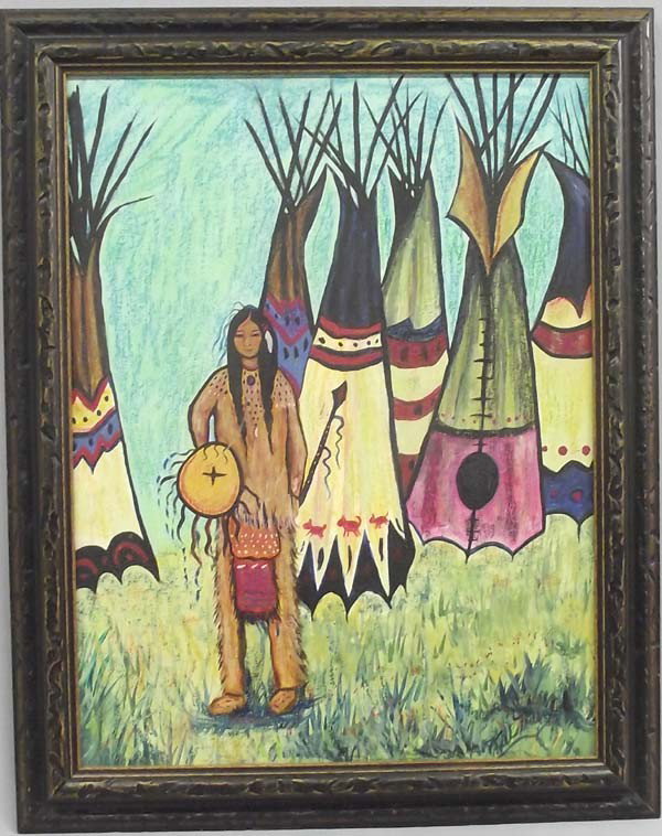 Original Acrylic Painting by Kills Thunder: Original Acrylic by Kills Thunder ''Maiden & Tepees'', framed, visual measures approx. 17.5'' x 13.5''. Buyers Pay Actual Shipping and Handling Charges(see terms and conditions for more information)