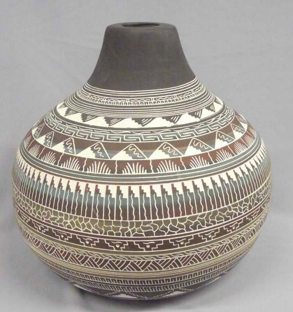 Navajo Polychrome Sgraffito Jar by Vera Thompson: Large Native American Navajo Polychrome Sgraffito Jar by Vera Thompson, measures approx. 14''D x 12''H. Buyers Pay Actual Shipping and Handling Charges(see terms and conditions for more information)