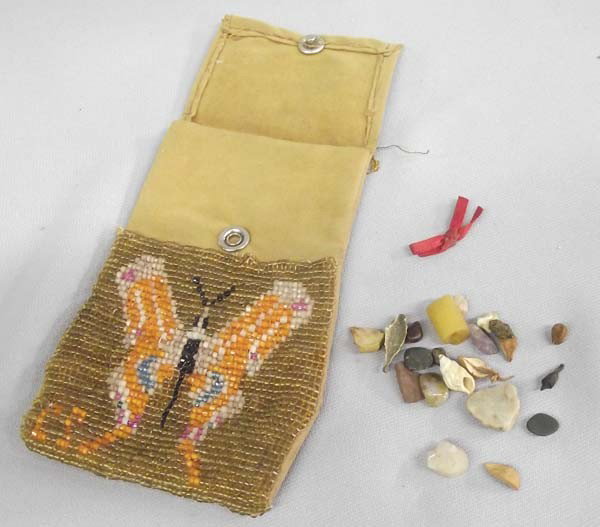 Kiowa Medicine Fetish Butterfly Beaded Bag: Native American Kiowa Medicine Fetish Butterfly Beaded Bag, has little rock and shell treasures inside, measures approx. 5''H x 3''W. Buyers Pay Actual Shipping and Handling Charges(see terms and cond
