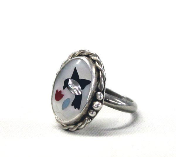 Zuni Silver Stone to Stone Inlay Bird Ring: Native American Zuni Silver Stone to Stone MOP, Abalone, Jet, Coral, and Turquoise Inlay Bird Ring, size 7.75, measures approx. 7/8''L x .75''W. Buyers Pay Actual Shipping and Handling Charges(see ter