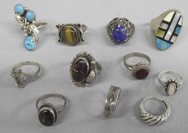 Collection Southwest Rings: Native American Collection Southwest Rings. Some Navajo and Zuni. Largest size 10.5. 2 rings are sterling and have hallmarks. Turquoise, Cats Eye, Mother of Pearl, Jet. Buyers Pay Actual Shipping and 