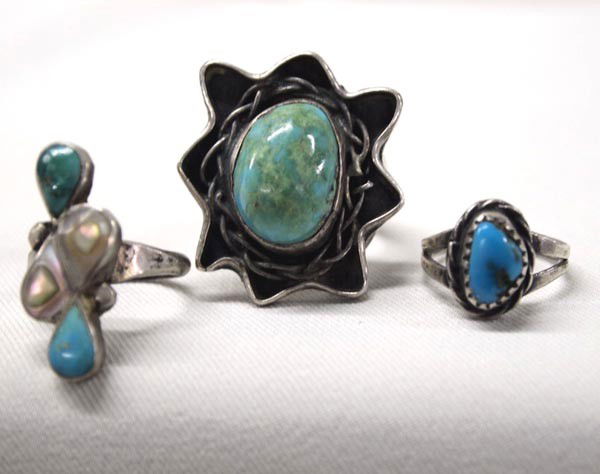 1970's Navajo & Zuni Silver Rings: 1970's Native American Navajo & Zuni Turquoise Abalone Silver Rings, 3 pcs. Largest size 6 1/2, Smallest size 3. Buyers Pay Actual Shipping and Handling Charges(see terms and conditions for more infor