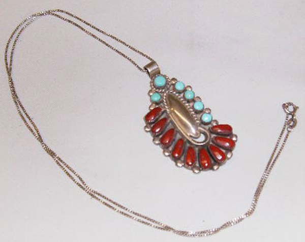 Zuni Coral Turquoise Silver Pendant Necklace: Native American Zuni Coral Turquoise Silver Pendant Necklace by Bill & Lou Laweeka, hallmarked Bill & Lou, measures approx. 24'' end to end and pendant measures approx. 1.25''L x 1''W. Buyers Pay Actu