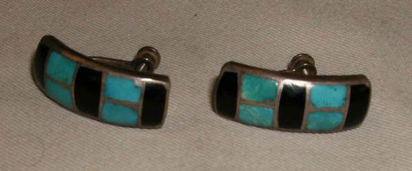 Zuni Turquoise Silver Inlay Screwback Earrings: Native American Zuni Turquoise Silver Jet Inlay Screwback Earrings, measure approx. 7/8''L x .25''W. Buyers Pay Actual Shipping and Handling Charges(see terms and conditions for more information)