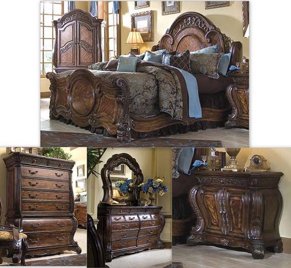 AICO Romanza Bedroom Set MUST BE PICKED UP: AICO Michael Amini Original Furniture Designs Romanza Traditional Sleigh Bedroom Set to include: Eastern King Size Headboard-Footboard-Rails-Slats (intricate wood carvings, curved shapes, birch solids
