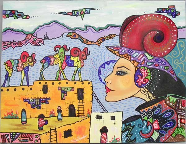 Original Acrylic Painting by Kills Thunder: Kills Thunder Original Painting, Spirit Of The Big Sheep. Acrylic on canvas. Spirit of the Big Sheep endows the old Pueblo. Measures approx. 18''H x 24''W. Buyers Pay Actual Shipping and Handling Char