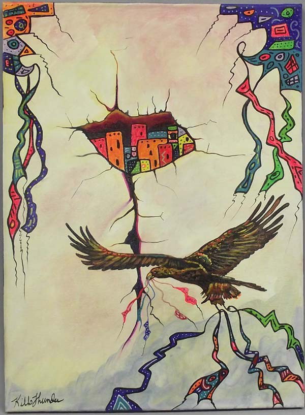 Original Acrylic Painting by Kills Thunder: Kills Thunder Original Painting. Acrylic on canvas. Golden Eagle returning home to her Pueblo with Ribbons for her nest. Measures approx. 24''H x 18''W. Buyers Pay Actual Shipping and Handling Charges