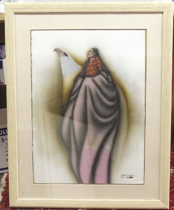 Kiowa Original Watercolor by Robert Redbird: Native American Kiowa Original Watercolor by Robert Redbird, Man and Eagle, raised in Dallas, Texas, and later settling in Phoenix, Arizona, Robert Redbird, Sr. is a painter who uses stories, many of 