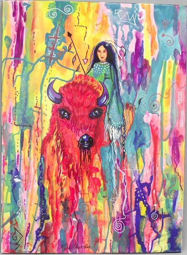 Original Acrylic Painting by Kills Thunder: Kills Thunder Painting Sacred Red Buffalo. Acrylic on canvas. Sacred Red Buffalo carries his bride home to safety. Measures approx. 24''H x 18''W. Buyers Pay Actual Shipping and Handling Charges(see t
