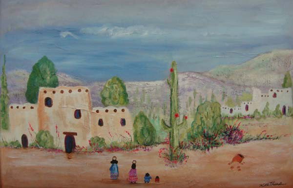 Original Framed Early Painting By Kills Thunder: Original painting on canvas By Kills Thunder. Rustic wood frame, titled ''Pueblo Life''. Visual measures approx. 23''H x 35 1/2''W. There is a small horizontal tear approx. .5" in the painting approx.
