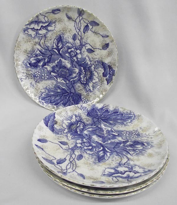 Antique Flow Blue Luncheon Plates/4 "Florence" Pattern: Antique Flow Blue Luncheon Plates/4 pcs. "Florence" pattern by Dunn Bennett Co., Burslem, England, 1875-1907. Overall gilding on a floral inspired pattern. Measures 8 3/8'' diameter. Buyers Pay Actual