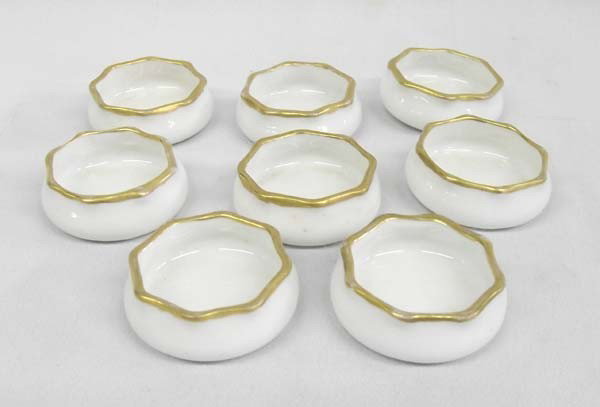 Collection French Limoges Salt Cellars: Collection French Limoges Salt Cellars. White prcelain with gilded edges. Measure approx. 1/3''H x 1 3/4''diameter. Buyers Pay Actual Shipping and Handling Charges(see terms and conditions for more in