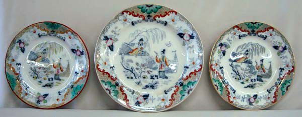 Antique Flow Blue Polychrome Dutch Plates, "Timor": Antique Flow Blue Polychrome Plates, "Timor" Pattern. Fired on backstamp is the Sphinx, Petrus Regout & Co. factory in Maastricht, Holland, 1929-31. Largest plate measures approx. 9 3/4'' Diameter. Bu