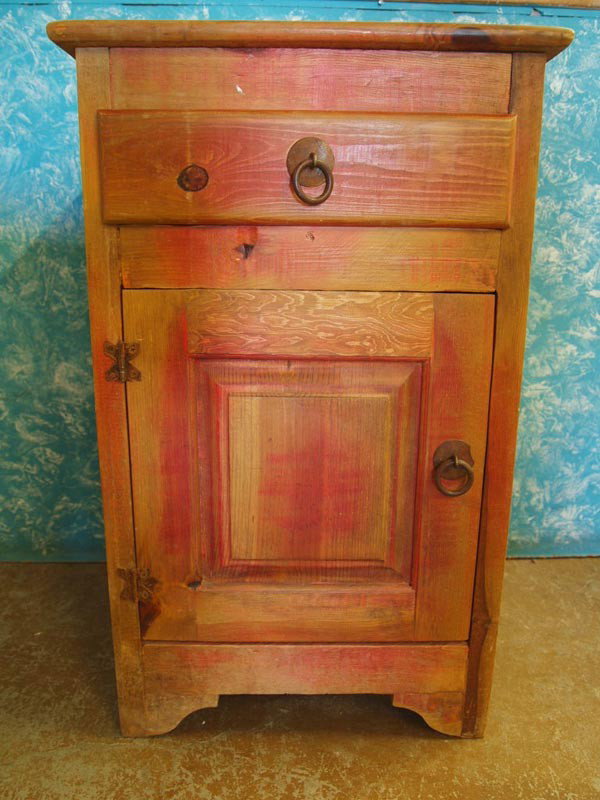 Sante Fe Style Wood Nightstand MUST PICK UP: Sante Fe Style Wood Nightstand, drawer w/cupboard below, could work as a washstand as well, MUST PICK UP. Measures 17.5''x18.5''x32.5''. Buyers pay actual shipping and handling charges (see Terms and 