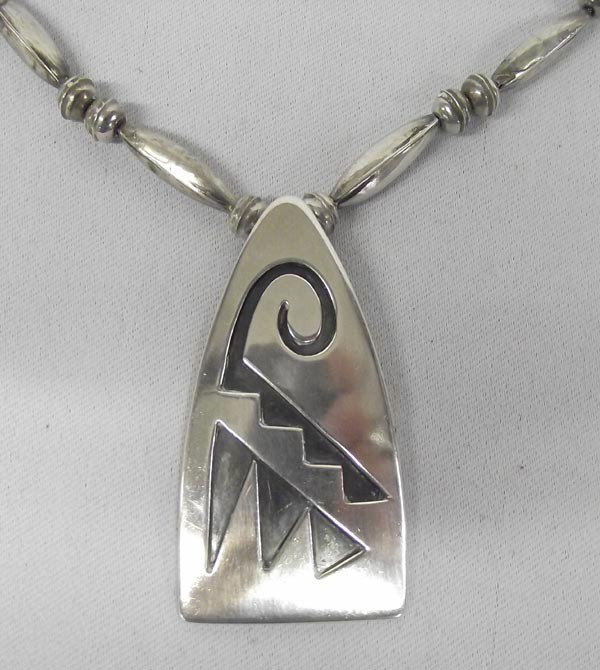 Native American Hopi Necklace, Sterling Silver Overlay: Native American Hopi Necklace. Sterling silver overlay with Squash bead chain. Measures end to end approx. 22'', pendant 2 1/4''H x 1 1/4''W. Buyers Pay Actual Shipping and Handling Charges(see terms