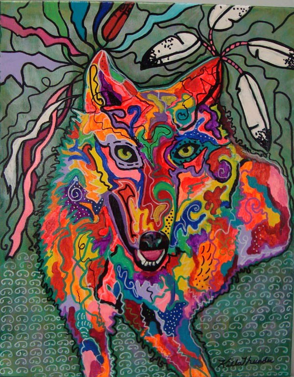 Kills Thunder Painting "Happy Wolf": Kills Thunder original painting entitled "Happy Wolf The strong wolf totem is in colorful style. Measures 16''w x 20''h. Acrylic on canvas. Buyers Pay Actual Shipping and Handling Charges(see terms an