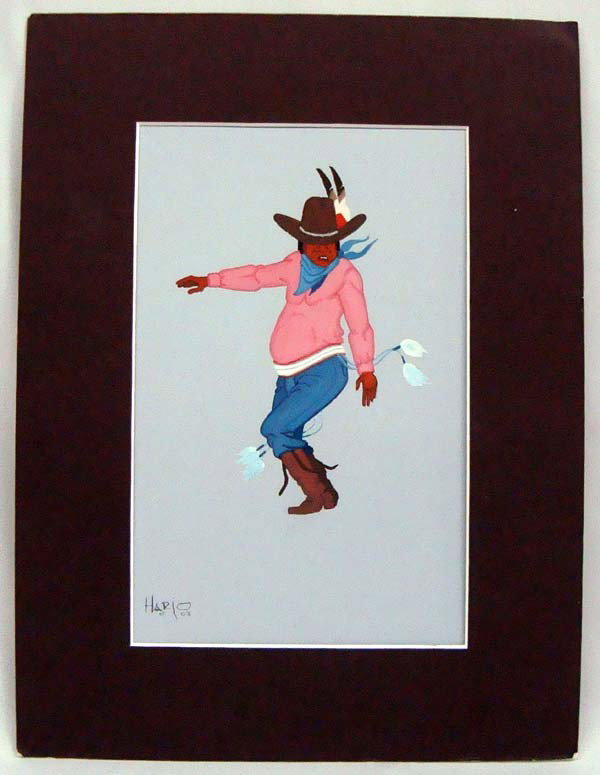 Original Navajo Watercolor "Stomp Dancer" by Harjo: Original watercolor on artist board by Albert Harjo, artist signed, entitled "Stomp Dancer". Visual measures 11''x7''. Buyers Pay Actual Shipping and Handling Charges(see terms and conditions for more