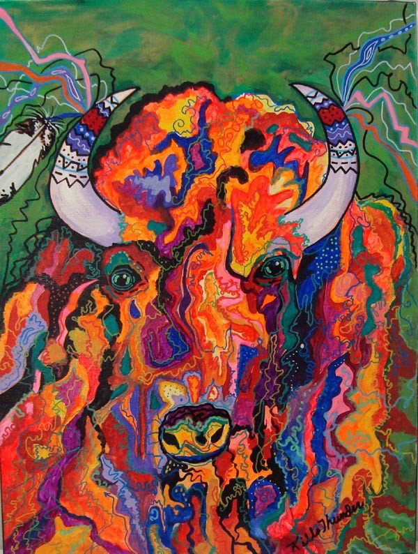 Kills Thunder Acrylic Painting "Old Warrior": Kills Thunder Painting entitled "Old Warrior", artist signed. American Bison in his glory. 18''w x 24'' h. Buyers Pay Actual Shipping and Handling Charges(see terms and conditions for more information