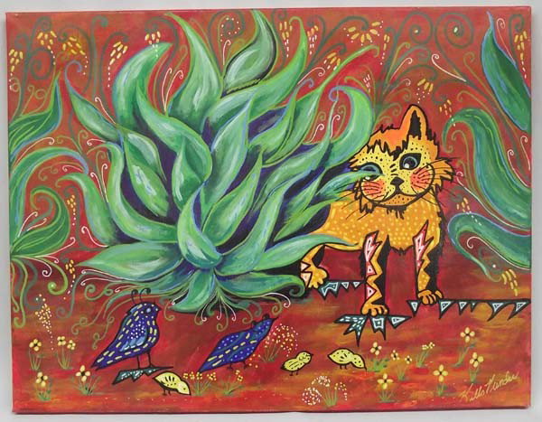 Kills Thunder Painting " Inquisitive Kitten": Kills Thunder Painting, "Inquisitive Kitten". Measures approx. 18''H x 24''L. Acrylic on canvas. Buyers Pay Actual Shipping and Handling Charges(see terms and conditions for more information).