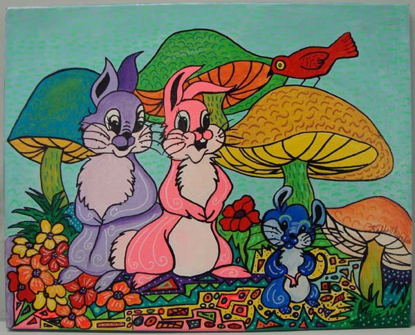 Kills Thunder Painting, "Furry Friends": Kills Thunder painting, "Furry Friends". Acrylic on canvas. 16''w x 20''h. Rabbits entertain their friends in the garden. Buyers Pay Actual Shipping and Handling Charges(see terms and conditions for m