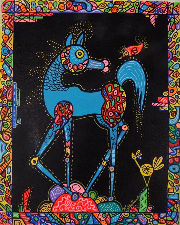 Kills Thunder Painting, "Party Pony": Kills Thunder painting, "Party Pony". The blue pony has a great time. Acrylic on canvas. Measures 16'' w x 20'' H. Buyers Pay Actual Shipping and Handling Charges(see terms and conditions for more inf