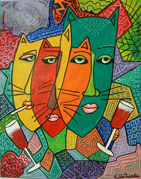 Kills Thunder Painting, "Cat Party": Kills Thunder painting, "Cat Party". Three kitties party. Measures 16''w x 20''h. Acrylic on canvas. Buyers Pay Actual Shipping and Handling Charges(see terms and conditions for more information)