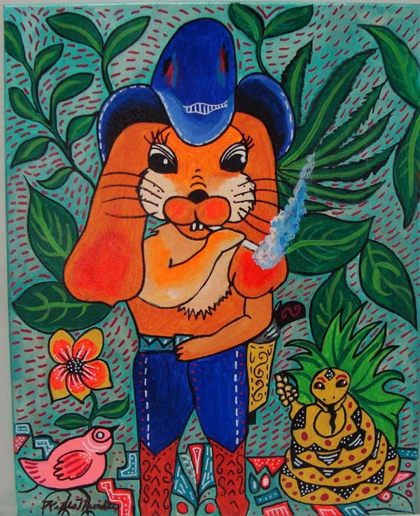 Kills Thunder Painting "Rabbit Cowboy": Kills Thunder Painting, "Rabbit Cowboy". Acrylic on canvas. 16''w x 20''h. Cowboy rabbit, enjoys a good smoke while his friends watch. Buyers Pay Actual Shipping and Handling Charges(see terms and con