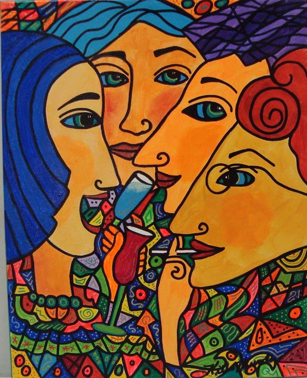 Kills Thunder Painting "Party Girls": Kills Thunder original painting "Party Girls". Friends letting down their inhibitions. Measures 16''w x 20'h. Acrylic on canvas. Buyers Pay Actual Shipping and Handling Charges(see terms and condition
