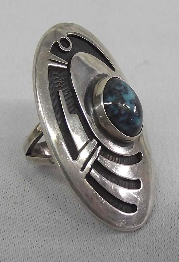 Hopi Sterling Silver Bisbee Turquoise Ring - Hallmark: Native American Hopi Ring Hallmark. Ring is size 5 3/4, stone 3/8'' x 3/8'' ring face 1 1 /2''L x 1''W. Bisbee turquoise, Sterling Silver Overlay. Hallmark is of a Kachina Dancer. Buyers Pay Actual Sh