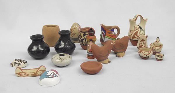 Collection Miniature Pottery: Native American Collection Miniature Pottery. Some signed, horse hair, poster paint, etc. Canoe, chickens, etc. Largest piece measures approx. 3 1/3''H x 2 1/4''W x 1 1/2''D, some chips on rim. Buyers
