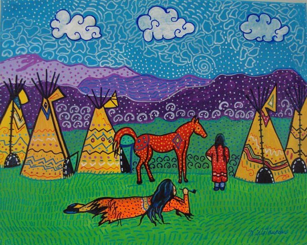 Kills Thunder Painting, "Happy Hunting Ground": Kills Thunder painting "Happy Hunting Ground". Life is good in the Sioux village. Measures 16''w x 20'' H. Acrylic on canvas. Buyers Pay Actual Shipping and Handling Charges(see terms and conditions f