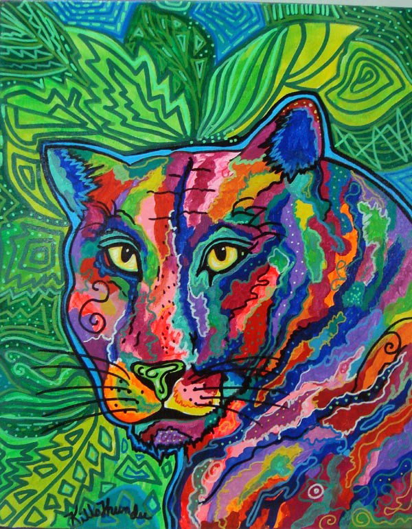Kills Thunder Painting "Wild Cougar": Kills Thunder painting "Wild Cougar". The colors of the rainbow display the wild cougar's happiness. 16'w x 20'h. Acrylic on canvas. Buyers Pay Actual Shipping and Handling Charges(see terms and condi