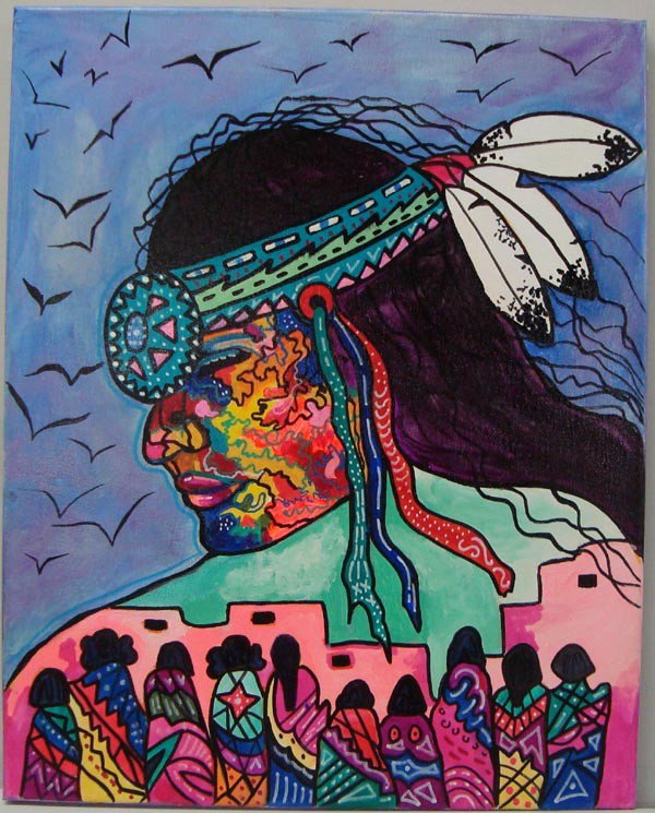 Kills Thunder Painting "Tired Warrior": Kills Thunder painting "Tired Warrior". Arriving in his village after the long battle. 16'' w X 20'' h. Acrylic on canvas. Buyers Pay Actual Shipping and Handling Charges(see terms and conditions for 