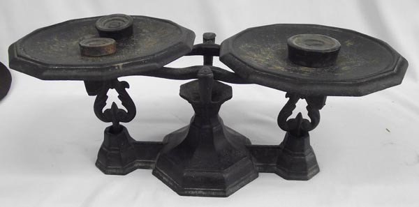 Antique Cast Iron Scale: Antique Cast Iron Scale. Country store style, cast iron with 3 measuring weights. Measures approx. 8''H x 20''L. Decorative base and supports. Buyers Pay Actual Shipping and Handling Charges(see terms
